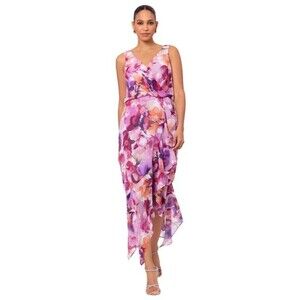 XSCAPE Women's  Petite Printed Chiffon High-Low Midi Dress Pink Floral 14P